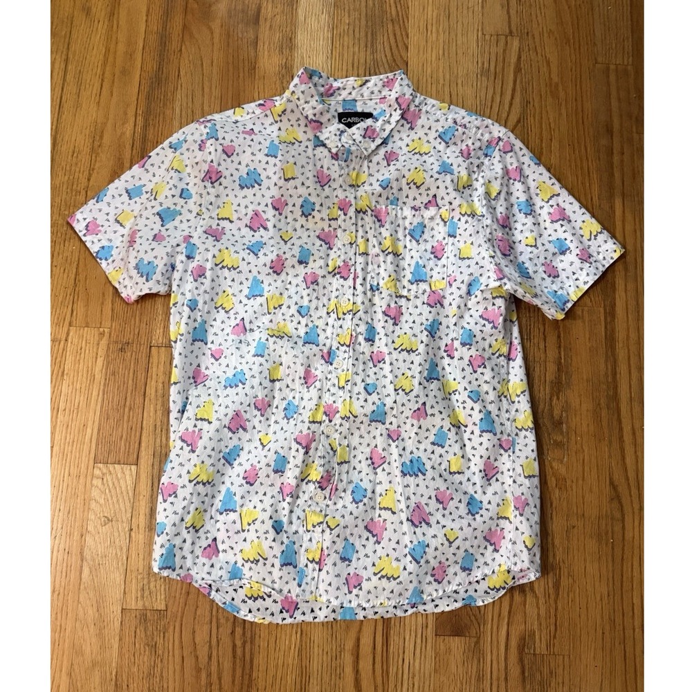 Carbon Men's L Button Up Shirt 80s/90s Style Geometric Abstract Retro Print SS - Picture 2 of 6